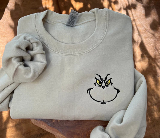 Cozy Embroidered Grinch Face Crewneck Sweatshirt