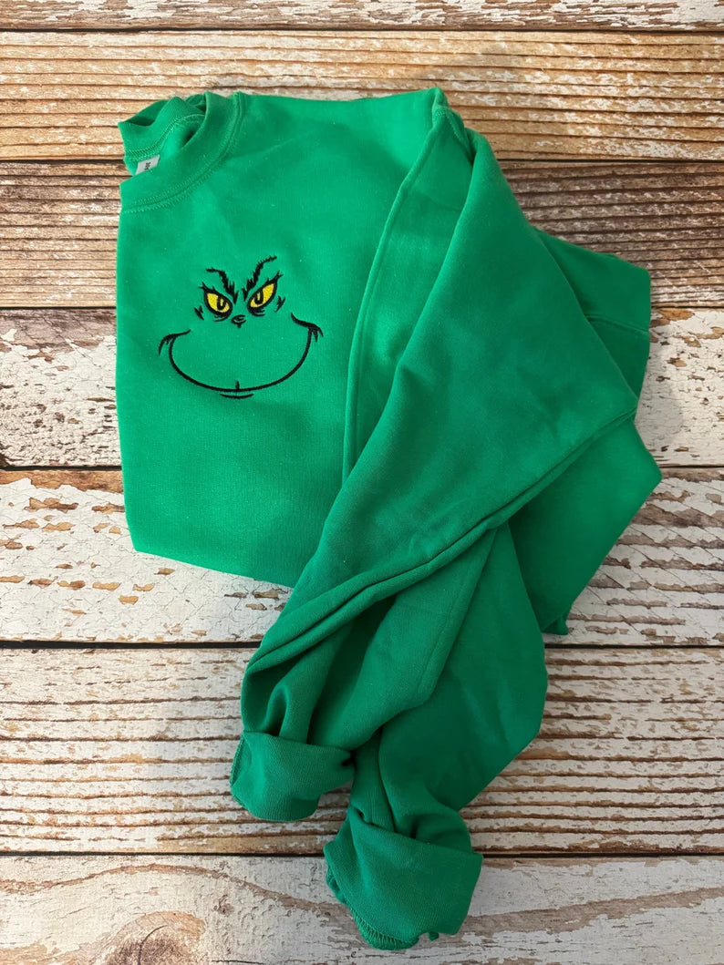 Cozy Embroidered Grinch Face Crewneck Sweatshirt