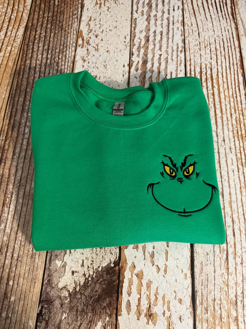 Cozy Embroidered Grinch Face Crewneck Sweatshirt